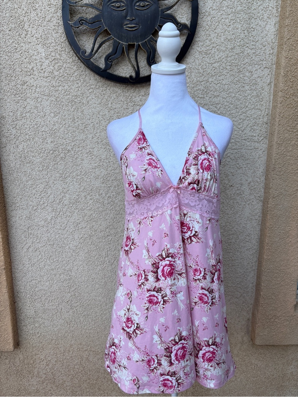 Flora Pink Rose Print Chemise Halter Dress Lace Trim Romantic Cottagecore